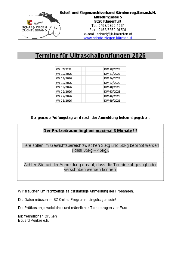 Termine Ultraschallprüfungen 2026